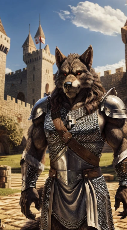 a werewolf wearing chainmail and a tabard with the red cross symbol of the knights templar, 8k, super detail, best quality, textured fur, solo, male, anthro, castle background, stoic expression