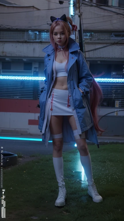 young woman, ((20 years old,)), beautiful face, tan skin, long pink hair with red ribbon tie, light blue tank top, light blue and white skirt, light blue and white long coat, white tall boots, white see-through stockings, arms behind back, city street background