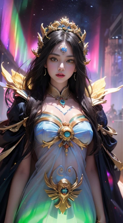 A stunning surreal illustration featuring an Aztec queen and her mist-shrouded vampire kingdom, rendered in mesmerizing bioluminescent neon watercolor hues, reminiscent of an ethereal dreamscape, bathed in a canvas of crystals, evoking an air of mystical opulence. The ancestral silhouette portrait, glows with an otherworldly luminescence, radiating an aura of enchantment. This ultra-high-resolution masterpiece embodies a harmonious blend of mystical realism and fantasy, pulsating with iridescent hues of blue, violet, and green, inviting the viewer to step into her mystical realm.