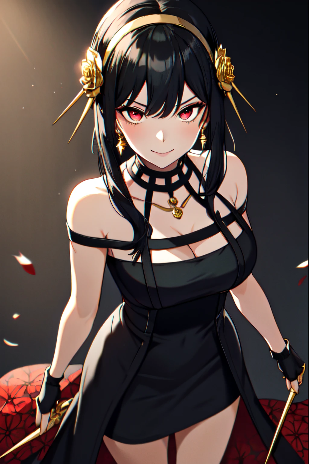 yor briar, anime style beutiful woman, 1girl, happy, smile, red face, closed mouth, beautiful detailed eyes, super detailed skin, backlighting, bare shoulders, black background, black dress, black gloves, black hair, breasts, dress, earrings, fingerless gloves, floating hair, floral print, flower, gloves, gold earrings, gold hairband, hair flower, hair ornament, hairband, holding, holding weapon, jewelry, large breasts, long hair, looking at viewer, off-shoulder dress, off shoulder,red eyes, short hair with long locks, sidelocks, solo, spikes, thighs, two-sided dress, two-sided fabric, weapon, fighting stance , face, close up, from above, highest quality, high resolution.