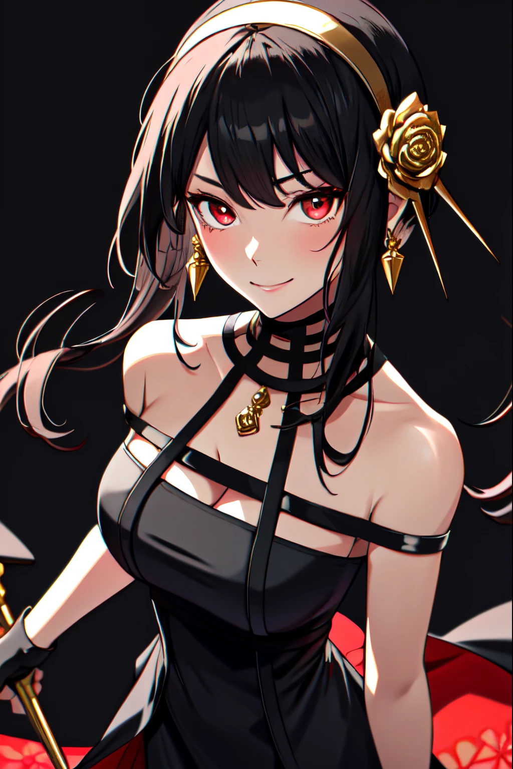 yor briar, anime style beutiful woman, 1girl, happy, smile, red face, closed mouth, beautiful detailed eyes, super detailed skin, backlighting, bare shoulders, black background, black dress, black gloves, black hair, breasts, dress, earrings, fingerless gloves, floating hair, floral print, flower, gloves, gold earrings, gold hairband, hair flower, hair ornament, hairband, holding, holding weapon, jewelry, large breasts, long hair, looking at viewer, off-shoulder dress, off shoulder,red eyes, short hair with long locks, sidelocks, solo, spikes, thighs, two-sided dress, two-sided fabric, weapon, fighting stance , face, close up, from above, highest quality, high resolution.