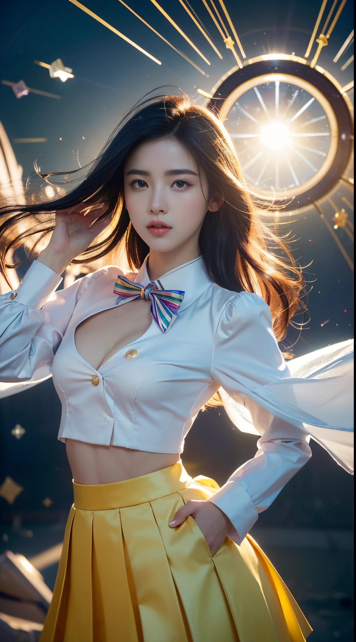 goldengravingstyle, ((illustration)), ((floating hair)), ((chromatic aberration)), ((caustic)), lens flare, dynamic angle, ((portrait)), (1girl), ((solo)), cute face, ((hidden hands)), asymmetrical bangeautiful detailed eyes), eye shadow, ((huge clocks)), ((glass striploating glass fragments), ((colorful refraction)), (beautiful detailed sky), ((dark intense shadows)), ((cinematic lighting)), ((overexposure)), (expressionleslank stare, big top sleeverills)), hair_ornament, ribbons, bowties, buttons, (((small breast))), pleated skirt, ((sharp focuasterpiece)), (((best quality))), ((extremely detailed)), colorful, hdr,nsfw, A beautiful young woman with Korean-style facial features resembling a popular actress.