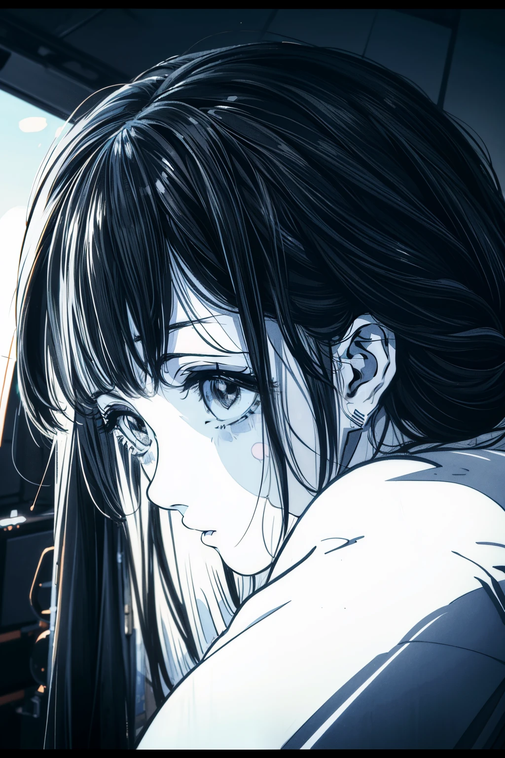 Alone_girl high school student、Japan High School,The action is exaggerated、((quality、8K、tmasterpiece:1.3))、(Clear focus:1.2)、(Manhwa Style),(Popular inspiration),(linear art_jpn)、(pastelcolor:1.2),((monotone_High-contrast art:1.2))、(the complex background:1.2),(Lola:Add more details:1.2)、Clear silhouette、sharp lines background with、（Powerful graphics）