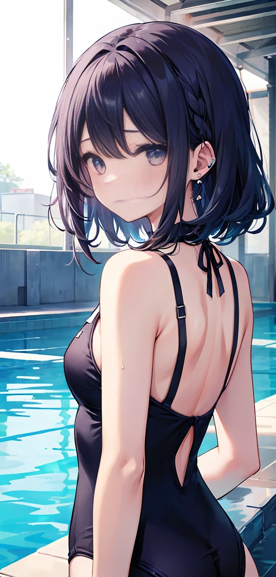 1 girl, watery big eyes*Su Jiushui*Wet hair*hair open*ear studs*swimmingpool>,, Low RA:Add to_the detail:1,One-piece swimsuit,flatchest,back