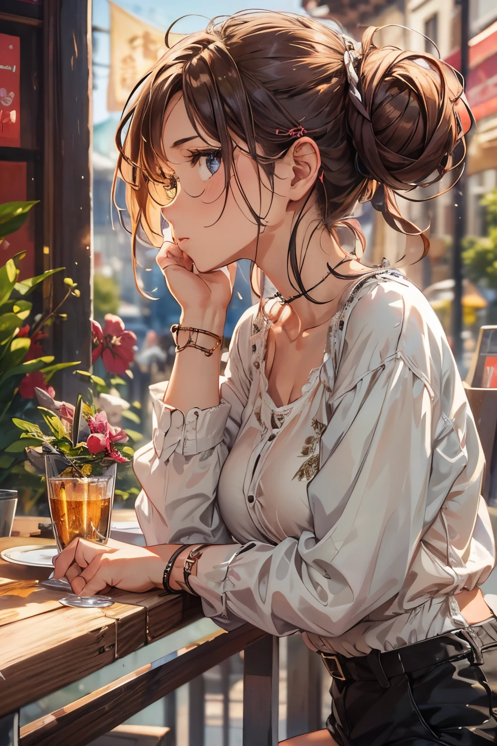 (masterpiece, best quality, ultra detailed), 4k, beautiful fake and eyes, illustration, solo, girl, portrait, from side, gaping expression, hair bun, detailed loose long sleeve shirt and shorts, smaller breasts, Kind personality with warm atmosphere, Women who like simple designs, Appearance that reassures the viewer, outdoor sitting on the terrace of a cafe, warm lighting