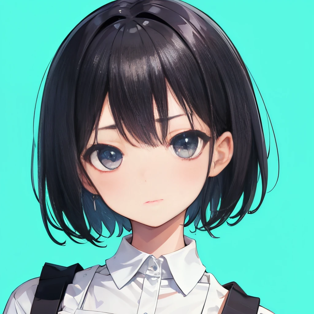 【Highest Quality, masutepiece】 [1 girl in, beautifull detailed face, expressioness, turquoise eyes, front facing, Jet-black hair, straight haired, Bery short hair , black Cafe Apron, Serious look, ] (Gray white background:1.3),
