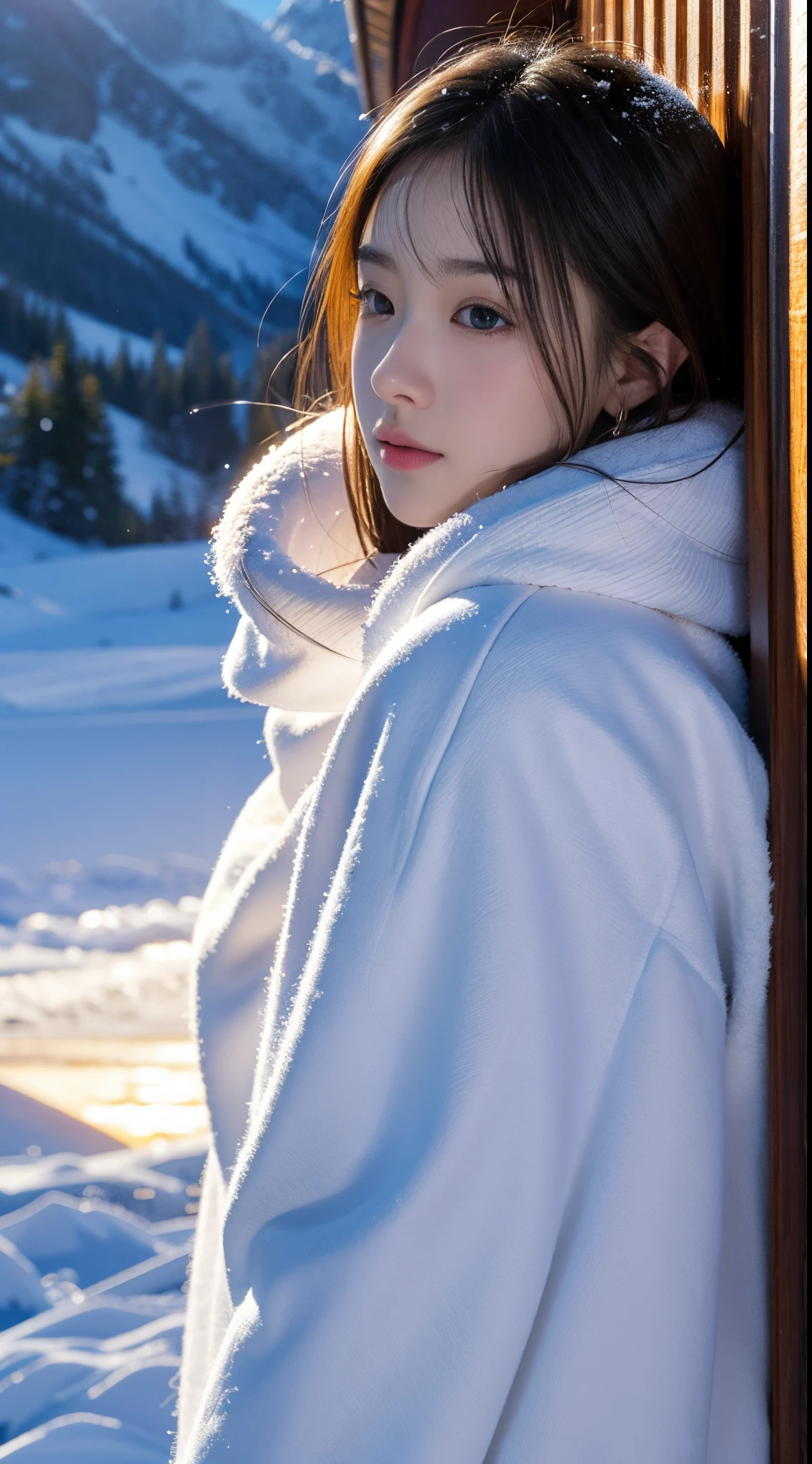 A close up of a woman leaning against a wall in the snow - SeaArt AI
