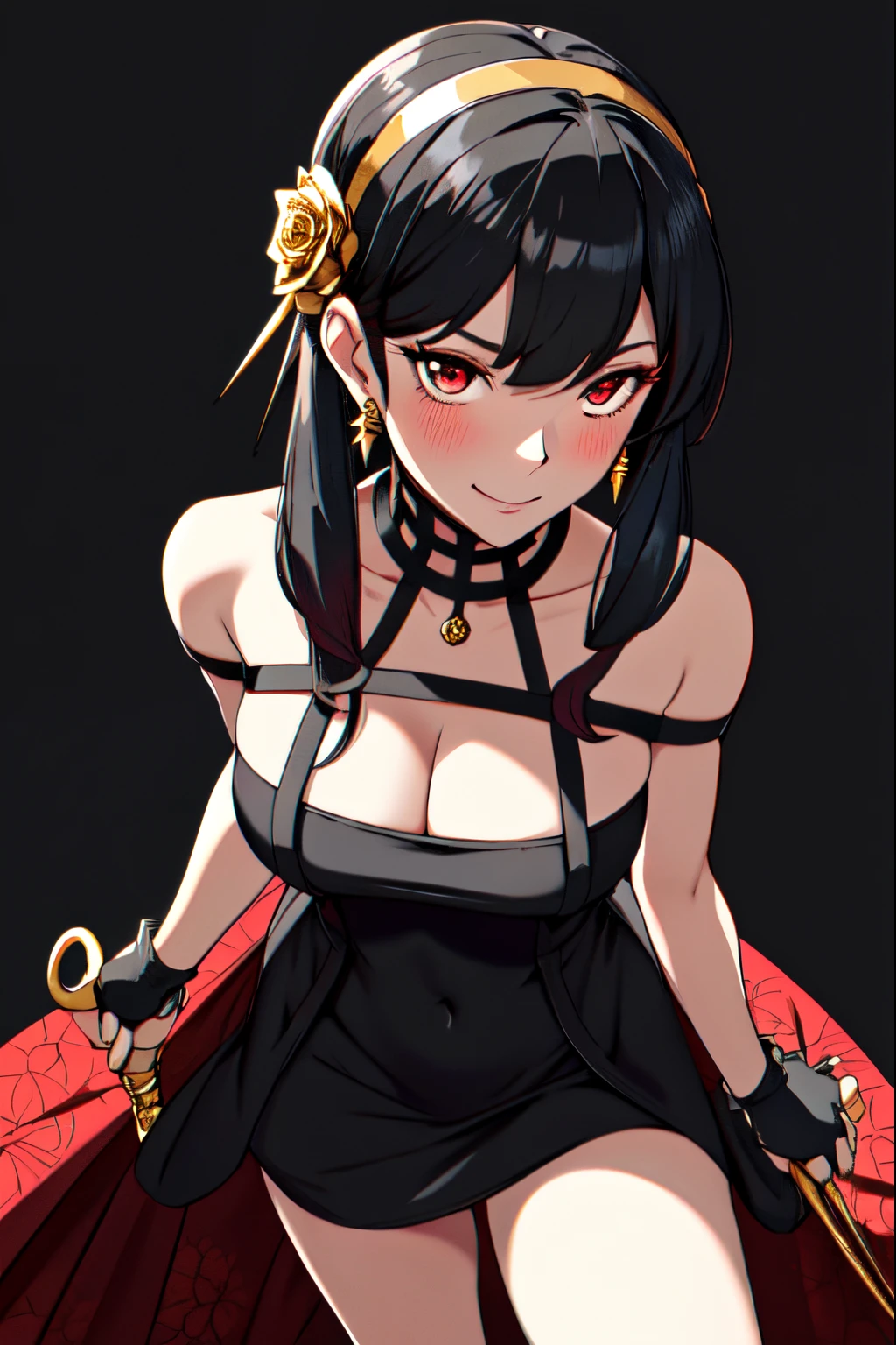 yor briar, anime style beutiful woman, 1girl, happy, smile, red face, closed mouth, beautiful detailed eyes, super detailed skin, backlighting, bare shoulders, black background, black dress, black gloves, black hair, breasts, dress, earrings, fingerless gloves, floating hair, floral print, flower, gloves, gold earrings, gold hairband, hair flower, hair ornament, hairband, holding, holding weapon, jewelry, large breasts, long hair, looking at viewer, off-shoulder dress, off shoulder,red eyes, short hair with long locks, sidelocks, solo, spikes, thighs, two-sided dress, two-sided fabric, weapon, fighting stance , face, close up, from above, highest quality, high resolution.nsfw, undressing, nude, nipples, navel, blush, sweat, pussy juice,