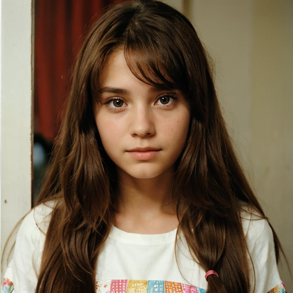 90's girl , long hair , brown hair , looking at viewer,