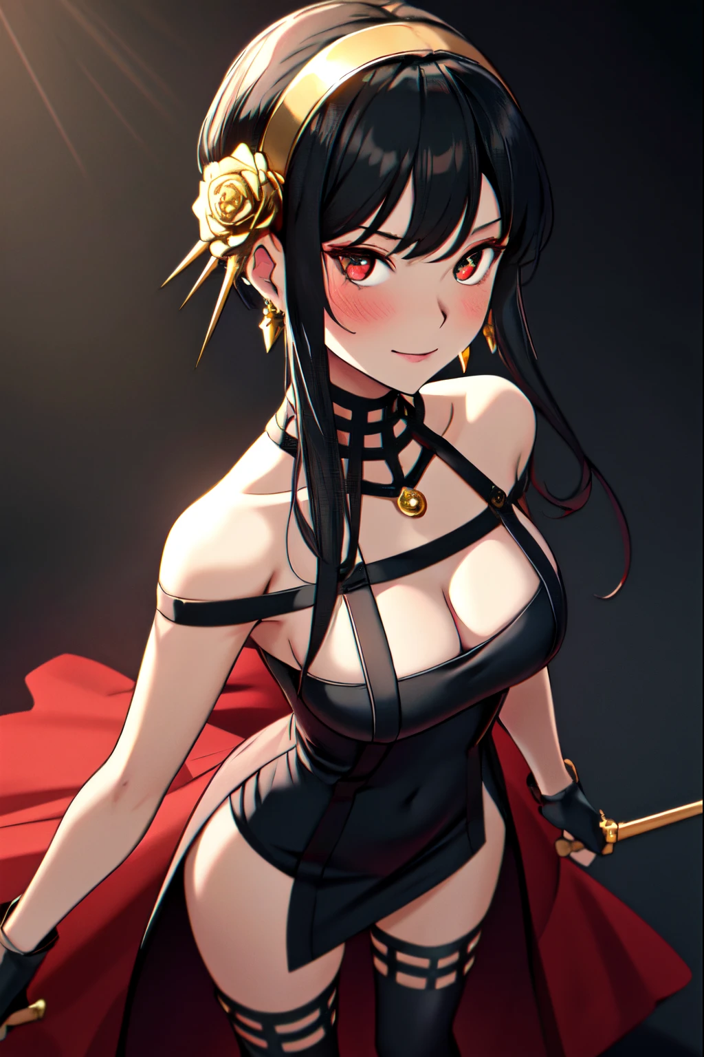 yor briar, anime style beutiful woman, 1girl, happy, smile, red face, closed mouth, beautiful detailed eyes, super detailed skin, backlighting, bare shoulders, black background, black dress, black gloves, black hair, breasts, dress, earrings, fingerless gloves, floating hair, floral print, flower, gloves, gold earrings, gold hairband, hair flower, hair ornament, hairband, holding, holding weapon, jewelry, large breasts, long hair, looking at viewer, off-shoulder dress, off shoulder,red eyes, short hair with long locks, sidelocks, solo, spikes, thighs, two-sided dress, two-sided fabric, weapon, fighting stance , face, close up, from above, highest quality, high resolution.nsfw, undressing, nude, nipples, navel, blush, sweat, pussy juice,