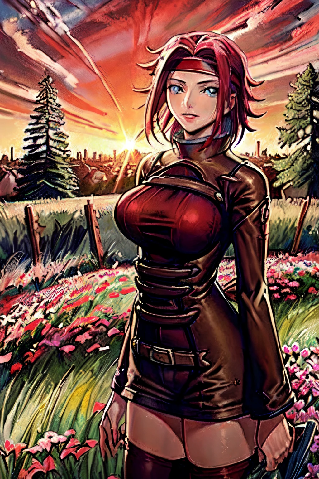 (best quality, masterpiece:1.3),kallencodegeass,(workclothes:1.3), extremely detailed,1girl,(colorful),(finely detailed beautiful eyes and detailed face),blue eyes,red hair,cinematic lighting,extremely detailed CG unity 8k wallpaper,solo,smile,((flying petal)),(Flowery meadow) sky, cloudy_sky, building, sunlight, sun,(cowboy shot:1.3),(red headband:1.3)