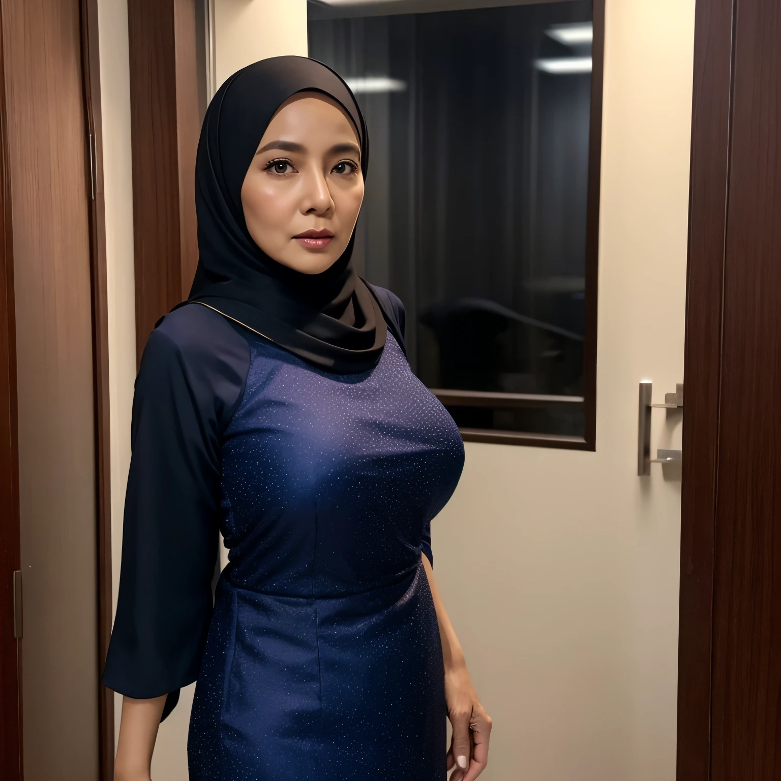 56 years Old, Hijab Indonesian mature woman, Big Tits, Baju Kurung, Slim body, Breast about To burst out, at doctor office, Dark light, at Nighttime