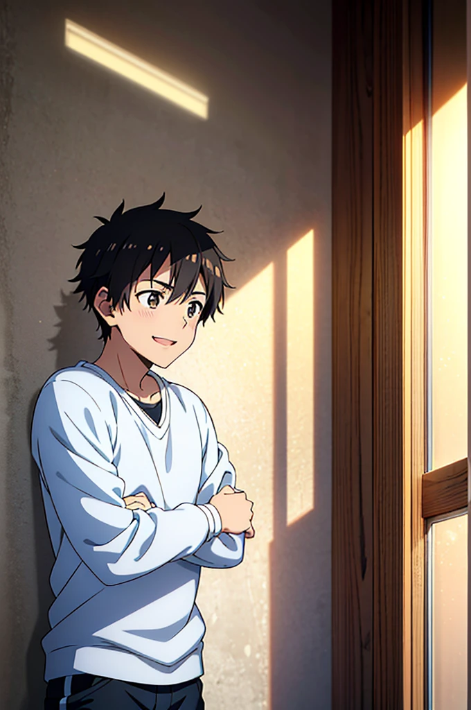 19 year old boy、1boy,((cool and cute boy)),A naive athletic boy,Unique natural boy style,Feeling for friends,Light brown skin, grey  eyes, Black hair,enjoyably,Take it easy,(free and,Bright smile),hobbies are important,slim figure,Well-intentioned,fortunate,Strong luck,(bad luck),many friends,creation,dust particles, natural soft light,Strongest configuration,smooth anime cg art,Anime Art, cell anime illustration, Punctuality,{{tre anatomically correct}},hitomi,{{high school boy in winter}}