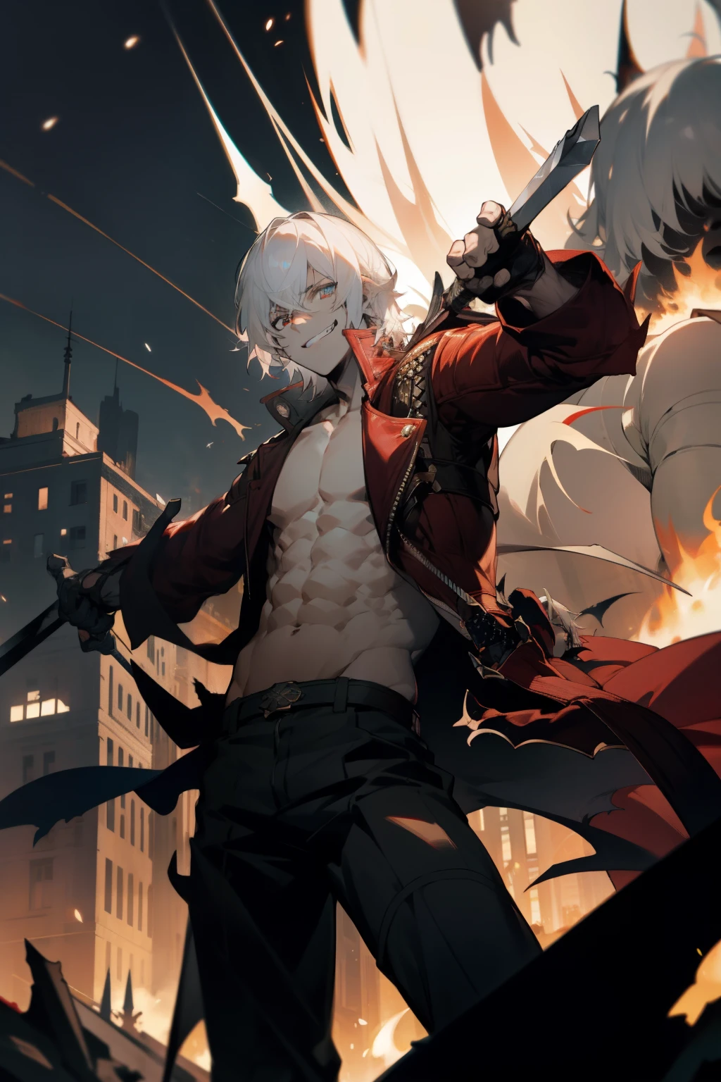 masterpiece, best quality, 1boy, dante, white hair, open clothes, coat, fingerless gloves, belt, city, detailed eyes, destroyed buildings,  destruction,  (night:1.4), smiling, natural light,war, angry eyes, looking ahead, male focus, muscles, movie composition, deth of field, bokeh  (demons on the background:1.2) , (sword:1.2),  fighting pose, explosions, upper,