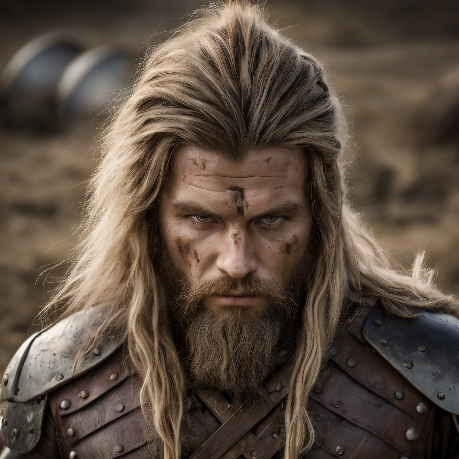1 male, a viking soldier, wearing viking armor, long hairs, mud on his face, mud on everywhere, serious look, in a battlefield, masterpiece, high quality, portrait shot, wide angle, professional photography, intricate details on his armor, complex patterns, valhalla