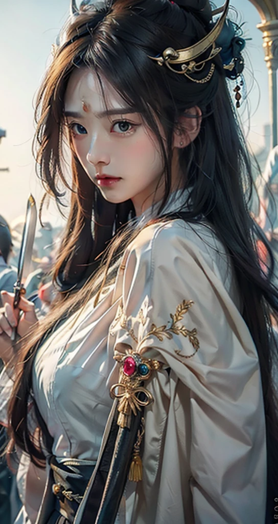 A woman in white holds a sword in the crowd., splendid palace , a girl in hanfu, Flowing hair and long coat, beautiful character painting, by Yang J, Anime girls with long hair, guweiz, Holding a sword on her shoulder., Female anime characters, She's holding a katana., artwork in the style of guweiz