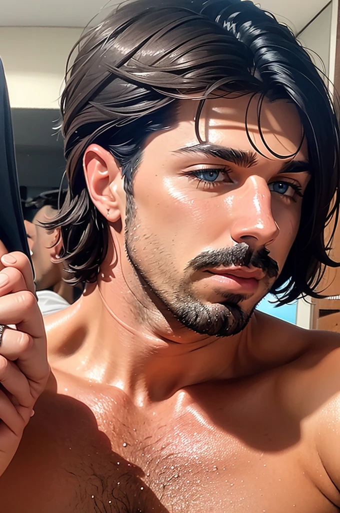 Blonde Curls Surfer, Tattoos, piercings, jewellery, ((male only)), ((natural body hair)), (handsome eyes), hairy arms, hairy chest, tight thong bulge, bukkake monter cocks cumming in his moaning face in ecstasy, open mouth full of semen drooling, sucking penis blowjob dripping cum, eyes squinting crying cum