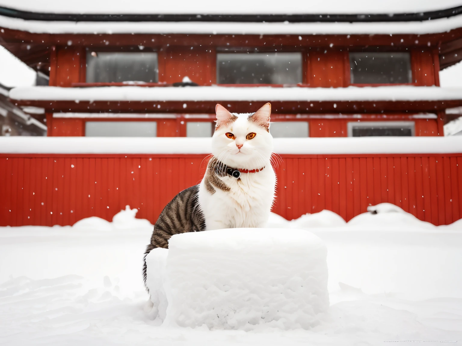 there is a cat sitting in the snow in front of a building, andrey gordeev, in the middle of a snow storm, maxim sukharev, samurai cat, russian and japanese mix, in the snow, cat photography, surrounded, by Muggur, in snow, !!! cat!!!, ginger cat, alexander abdulov, neko, cat photo