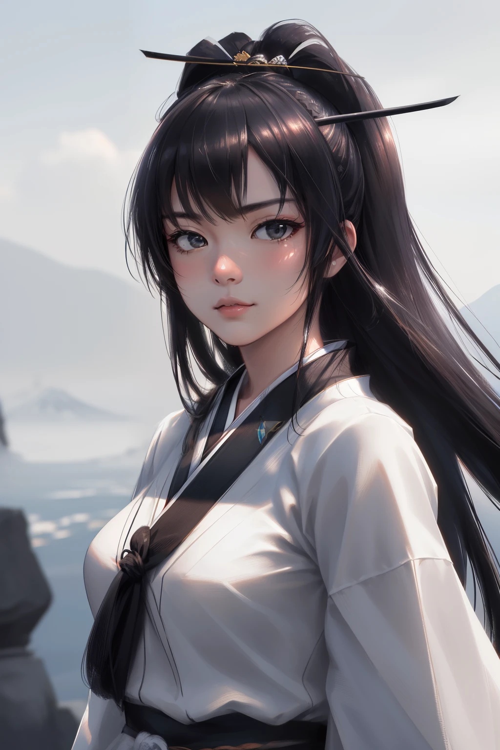 (best quality,4k,8k,Altas,master part:1.2),ultra-detalhado,(Realistic,fotorrealista,photo-realistic:1.37),Monochromatic,escala de cinza,Woman,Japanese,Katana,montanha,sereno,traditional clothing,Penteado tradicional,geometric patterns,atmosfera nebulosa,Orientado a detalhes,Contraste,preto e branco,Assombrando,Determined expression,Postura forte,Sharp katana blade,postura suave,subtle lighting,Ethereal,quieto,poderoso,quietoude,delicate features, fundo ainda elegante,simplicidade pura,foco intenso,monumental,striking composition,impeccable shape,orgulhoso,Contrastee marcante,breathtaking landscapes,The natural beauty of Japan,texturas detalhadas de montanha,efeito silhueta,Misterioso,strong sense of tradition,forte senso de cultura