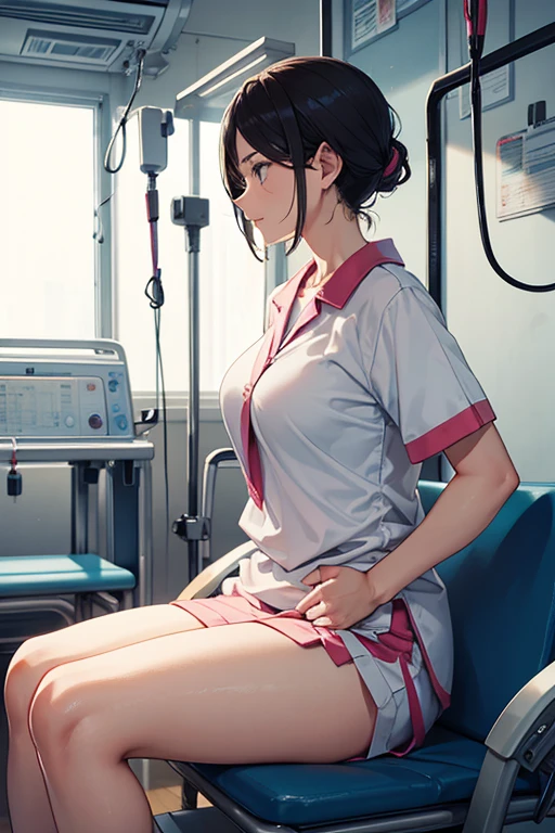 Beautiful mature woman、 Bblack hair, Nurse、hospitals、sitting, legs spread open, white transparent panties, hospital room