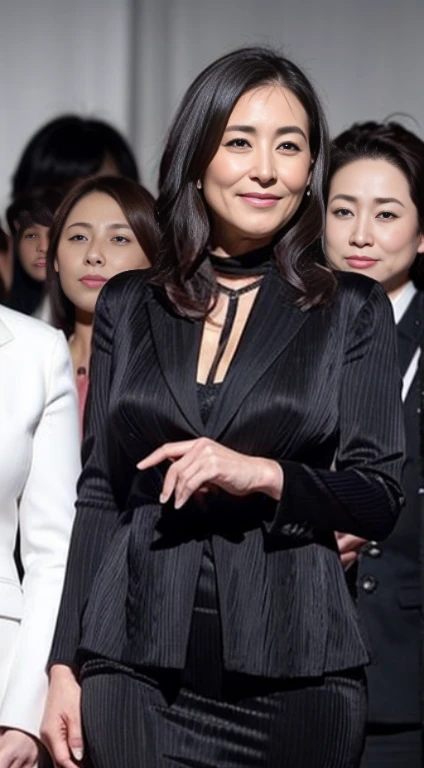 japanese mature, (Solo), 50 years old, (Wrinkles at the corners of the eyes:1.5), Large breasts, A MILF, glamor, A sexy, Chromo-white skin, Wavy Longhair, Looking at Viewer、Super large udder、Black Business Suit、Black pantyhose、high-heels、ssmile、Public places、