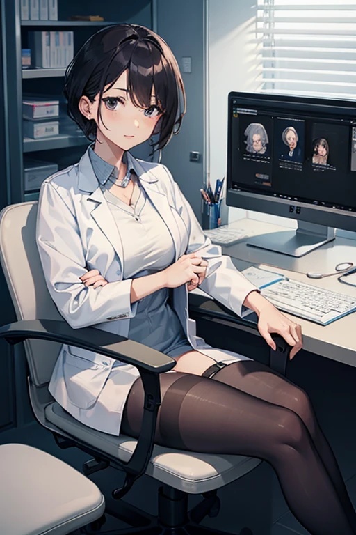 Doctor, 1 woman, solo, sitting (Looking at the audience), (white lab coat), Stylish clothes mature woman /(dark brown hair/) Bangs, smiling kindly (The best quality masterpiece:1.2) , Delicate illustrations, Special details, (hospital examination room) In the building, desk (X-ray image of the lungs:1.2) Detailed background