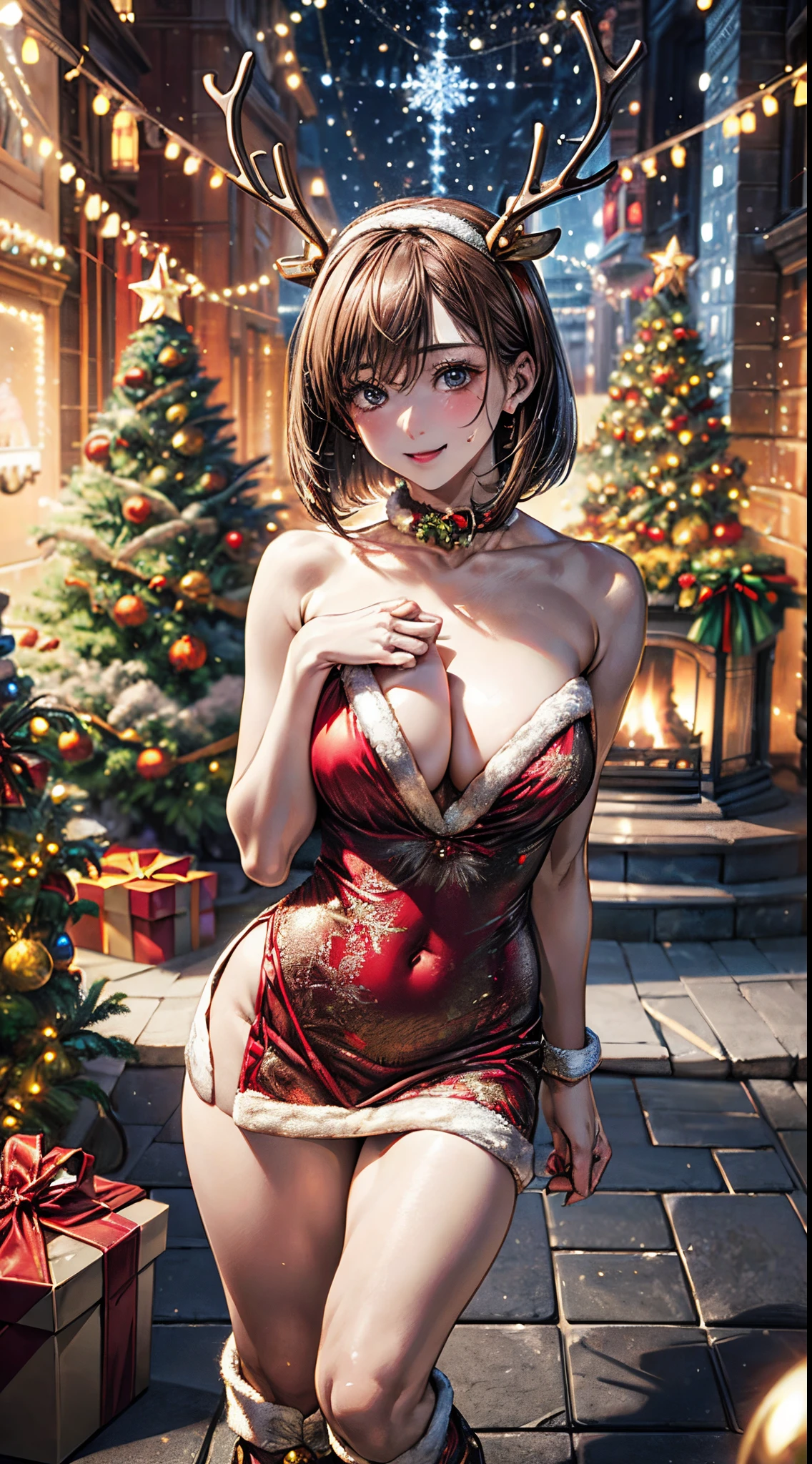 (masterpiece:1.2, top-quality), (realistic, photorealistic:1.4), beautiful illustration, NSFW, looking at viewer, cowboy shot, front view:0.8,
1 girl, japanese, high school girl, beautiful hair, beautiful face, beautiful detailed eyes, (short hair:1.2, bob cut:1.2), bangs, hair between eye, light brown hair, blue eyes, mole under eye,
beautiful clavicle, beautiful body, beautiful chest, large breasts:0.8, beautiful thighs, beautiful legs, beautiful fingers, bare thighs, (thick thighs, large valleys),
(beautiful scenery), christmas night, outdoors, (christmas tree:1.3),
((wearing reindeer costume, symmetrical clothing, metallic light brown reindeer hair band, reindeer dress, reindeer boots, bare shoulders), reindeer collar with bell),
(swollen), ((seductive posture:1.2, attractiveness:1.2)),
(erotic, sexy, upper eyes, laugh), shiny skin, walking,
celebration, exquisite details, exciting surprises, shiny ornaments, sparkling tinsel,
anticipation, festive mood, magical ambiance, delightful moment, wonderful memories, christmas magic, extravagant, abundance of presents,
perfect face, cute and symmetrical face, natural side lighting, movie lighting), depth of fields,