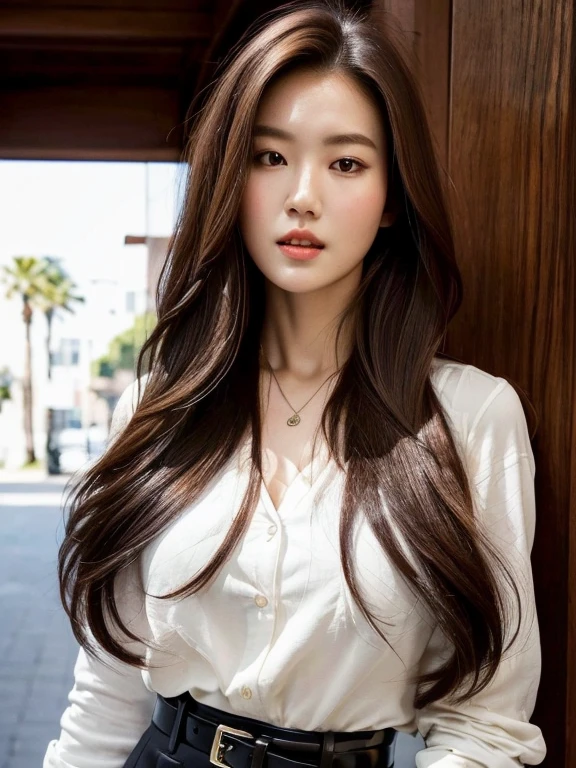 (Best quality, High resolution, Masterpiece :1.3), A tall and pretty woman, Slender abs, Dark brown hair styled in loose waves, Breasts, Wearing pendant, White button up shirt, Belt, Black skirt, (Modern architecture in background), Details exquisitely rendered in the face and skin texture, Detailed eyes, Double eyelid