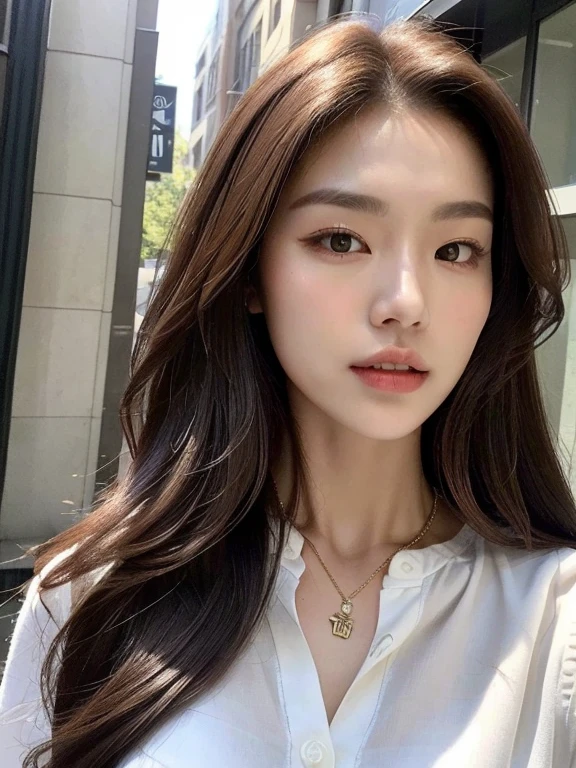 (Best quality, High resolution, Masterpiece :1.3), A tall and pretty woman, Slender abs, Dark brown hair styled in loose waves, Breasts, Wearing pendant, White button up shirt, Belt, Black skirt, (Modern architecture in background), Details exquisitely rendered in the face and skin texture, Detailed eyes, Double eyelid