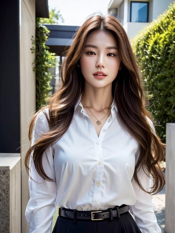 (Best quality, High resolution, Masterpiece :1.3), A tall and pretty woman, Slender abs, Dark brown hair styled in loose waves, Breasts, Wearing pendant, White button up shirt, Belt, Black skirt, (Modern architecture in background), Details exquisitely rendered in the face and skin texture, Detailed eyes, Double eyelid