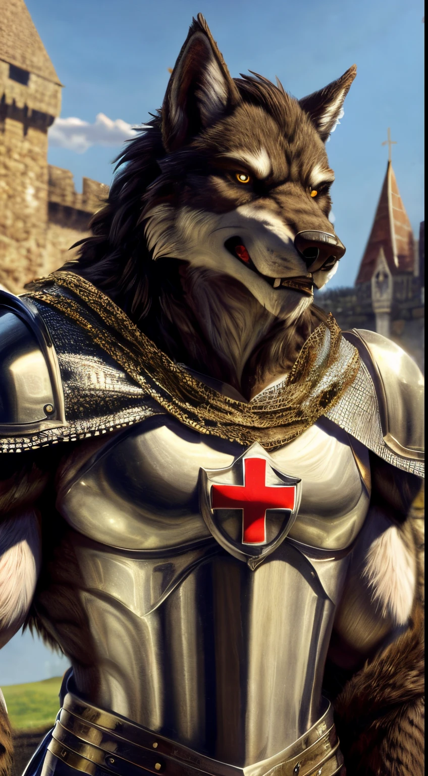 a werewolf wearing chainmail and a tabard with the red cross symbol of the knights templar, 8k, super detail, best quality, textured fur, solo, male, anthro, gold eyes, castle background, stoic expression,