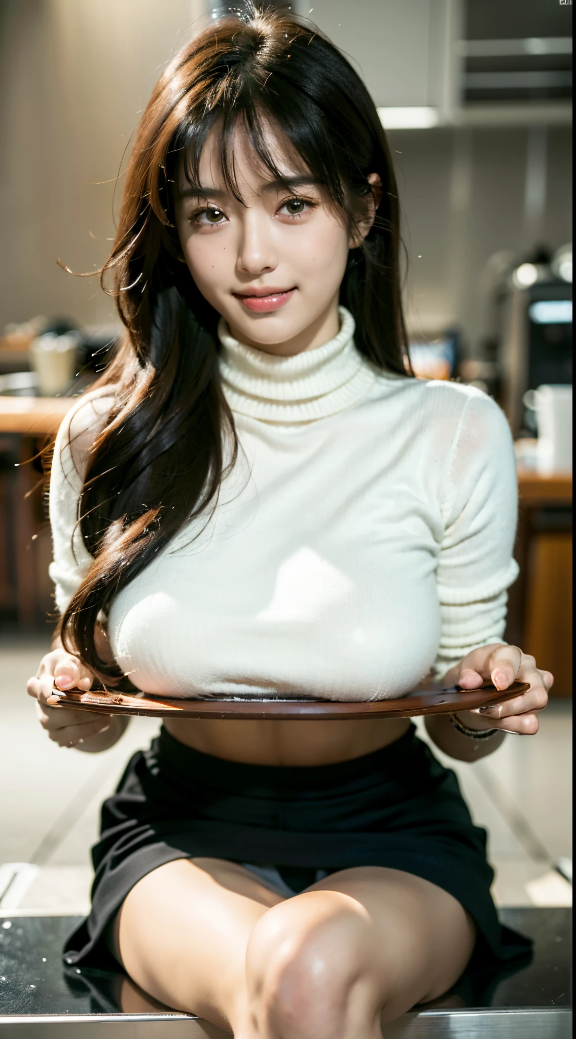 (Best Quality, Masterpiece, Photo realistic, Ultra Detailed, ultra high res, raw:1.3), (1girl, pretty, Japanese, 20yo), (smile), (turtleneck sweater), (breasts on tray, round tray), mini-skirt, cafe, bangs,