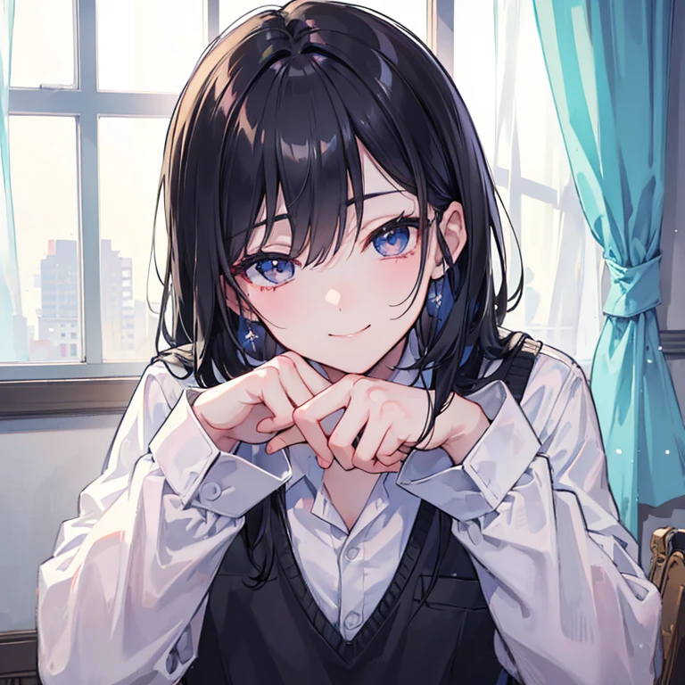Ultra detailed, (masterpiece), pov looking at viewer, eyes of someone who is madly in love, smiling, dazzlingly bright smile, high detailed eyes, best quality drawing, school uniform, window background with curtains, black hair, gray eyes, warm atmosphere, 1 boy, handsome.