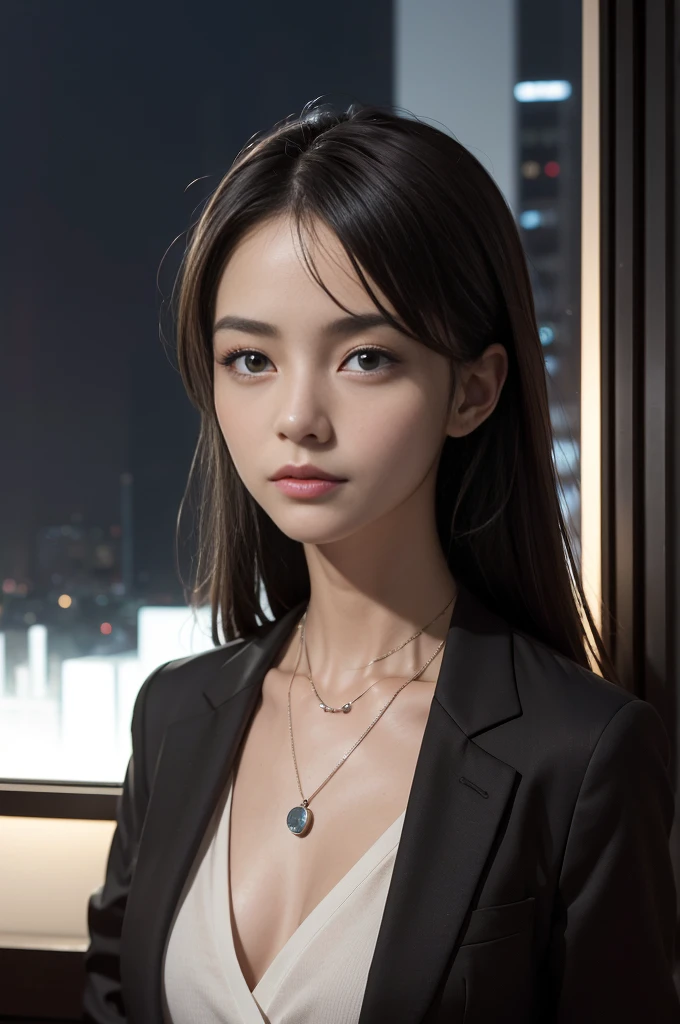 (Photoreal Stick:1.5, masutepiece:1.5, 8K), (top-quality, ​masterpiece, 超A high resolution), Professional camera work:1.4, Highly detailed skin and facial texture:1.3, Mystical portrait, Grow Light Effect, Perfect dynamic composition, The ultra-detailliert, 1girl in, ((Night view from inside the building, Hotel room with little light)), (V-neck shirt:0.8, Black Tailored Suit, Suit jacket), Model body type, Clear face, Detailed hand, Beautiful and detailed eyes, (Enraptured look:0.6, i love you completely:0.6), A mouthfeel that feels beautiful eros, Dark brown medium hair, Small breasts, a necklace, ((Night light shines through the glass))