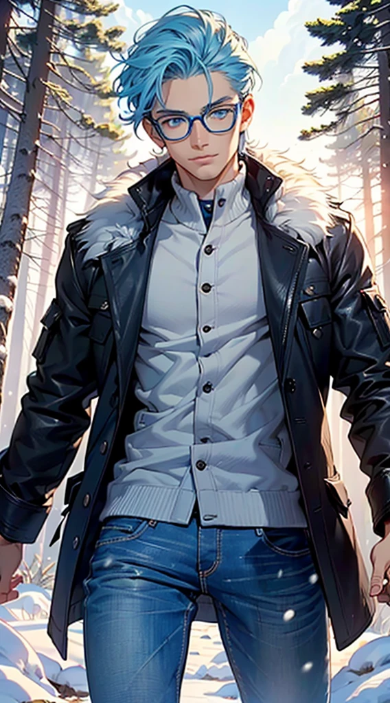 male, muscle, 1boy, muscular, 25 year old man,young,1 man,(((1male,1 male, 1man, 1 man,man:1.5,male,male gender:1.5,handsome man,male focus,))),stubble,perfect body,an extremely delicate and beautiful detailed face, beautiful detailed eyes,short hair, (((blue_eyes:1.3))),intricate eyes,beautiful detailed eyes,symmetrical eyes, light blue hair,perfect face, blue hair, nice hair style,(perfect hands, five fingers), perfect proportions, ((detailed face)),
smile,expressive eyes,
(ultra-detailed:1.3), beautiful detailed glow, finely detailed, ultra-detailed,
nerd,((glasses)),
(open coat, european fashion,fur coat, jeans,white shirt, masculine features, modern style,winter clotherown fur coat, brown fur coat outfit, wearing a blue fur coat:1.3,winter brown coat))),((bulge in pants)),((intricate outfit,intricate clothes)),
(dynamic pose:1.0),embarrassed,(centered,scale to fit dimensions,Rule of thirds),
((snowy pine forest at night)), with dark stormy clouds,winter,scenery:1.25,((snow forest background)),Christmas tree,
highres,sharp focus,(ultra detailed,extremely detailed),(photorealistic artwork:1.37),(extremely detailed CG unity 8k wallpaper),(((vibrant colors,vibrant theme))),(intricate),(masterpiece),(best quality),