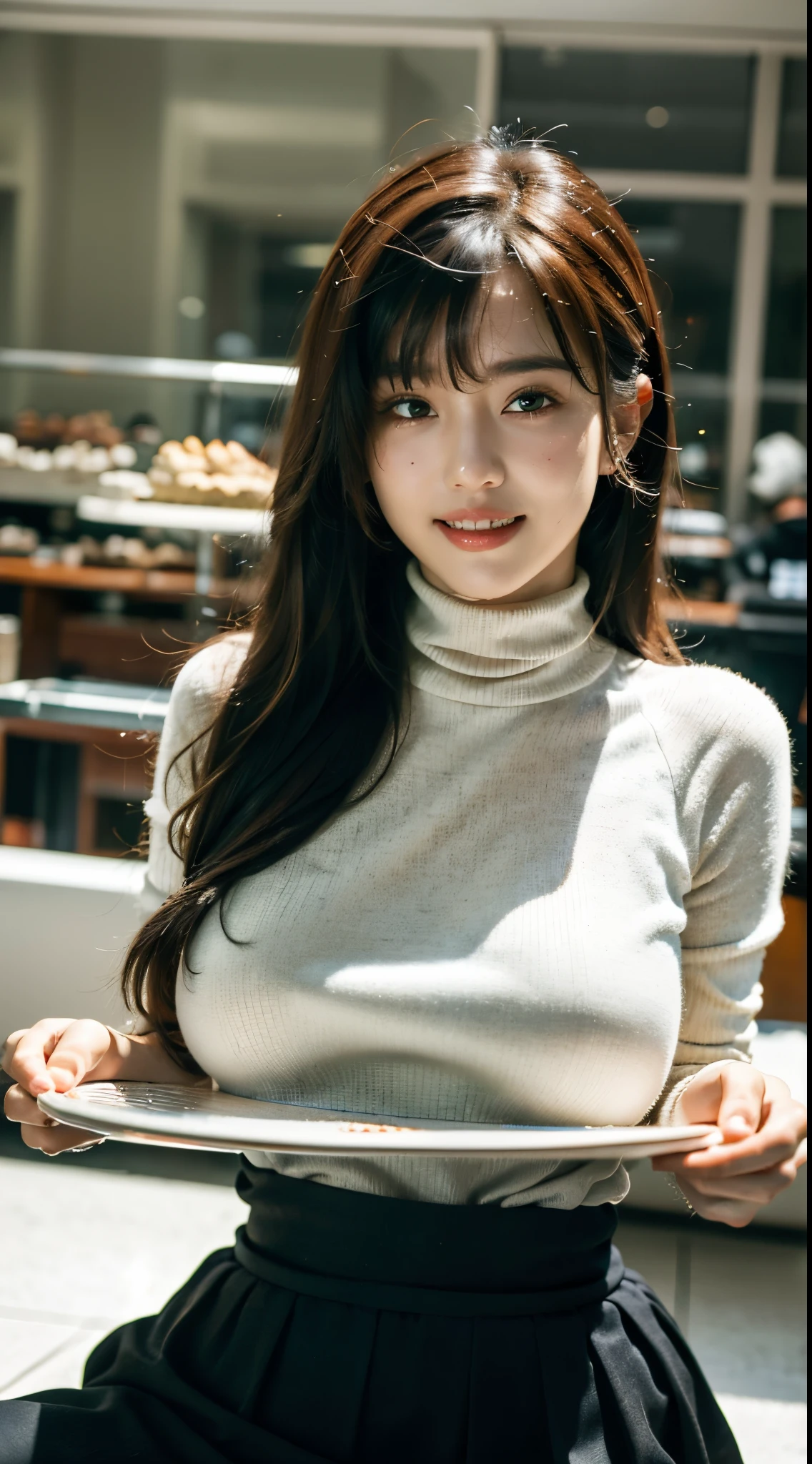 (Best Quality, Masterpiece, Photo realistic, Ultra Detailed, ultra high res, raw:1.3), (1girl, pretty, Japanese, 20yo), (smile), (turtleneck sweater), (breasts on tray, round tray), mini-skirt, cafe, bangs, standing,