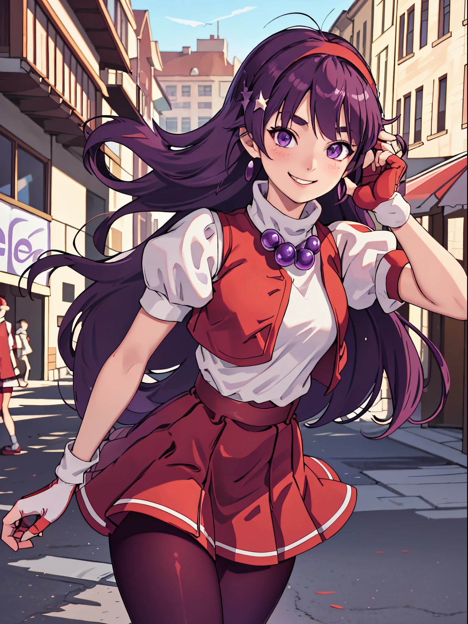 (masterpiece), (best quality), (ultra-detailed), intricate detail, athena97, 1girl, solo, purple eyes, purple hair, long hair, white earrings, red hairband, star hair ornament, medium breats, red vest, white turtleneck, white puffy sleeves, short sleeves, red pleated skirt, (deep red pantyhose:1.2), black pantyhose, yellow belt, purple sphere shape necklace, red fingerless gloves, white short socks, red shoes,   (outdoors), photography, smile, blush, sunny, cowboy shot, blurry background, street background,