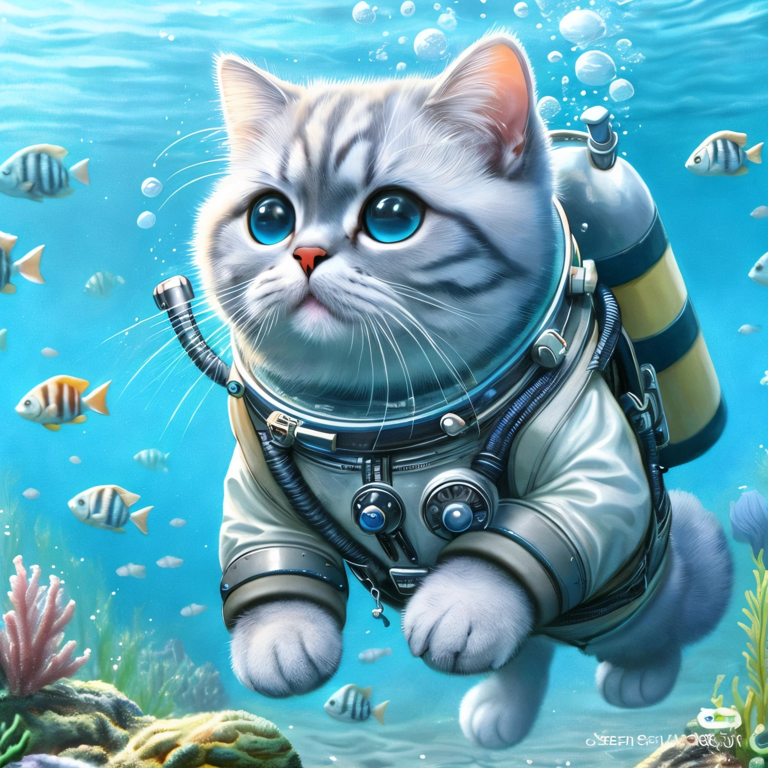 painting of a cat in a diving suit with fish around, astronaut cat, cute detailed digital art, liquid cat, space cat, cat in space, kittens in outer space, cyborg cat, an astronaut is under the sea, anthropomorphic cat, cute detailed artwork, cat seahorse shapeshifter, adorable digital painting, a cat swimming in water, cyborg kitten