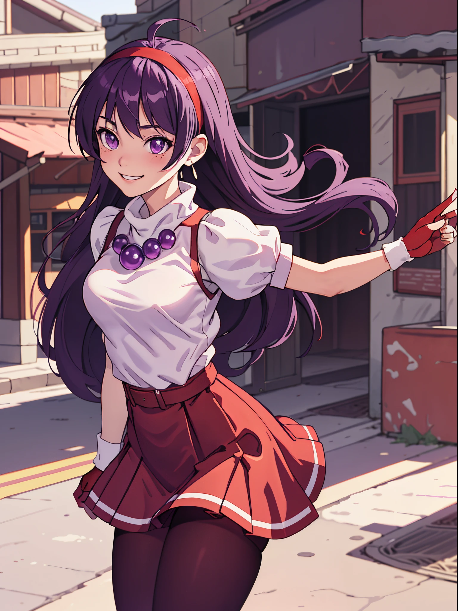 (masterpiece), (best quality), (ultra-detailed), intricate detail, athena97, 1girl, solo, purple eyes, purple hair, long hair, white earrings, red hairband, star hair ornament, medium breats, red vest, white turtleneck, white puffy sleeves, short sleeves, red pleated skirt, (deep red pantyhose:1.2), black pantyhose, yellow belt, purple sphere shape necklace, red fingerless gloves, white short socks, red shoes,   (outdoors), photography, smile, blush, sunny, cowboy shot, blurry background, street background,