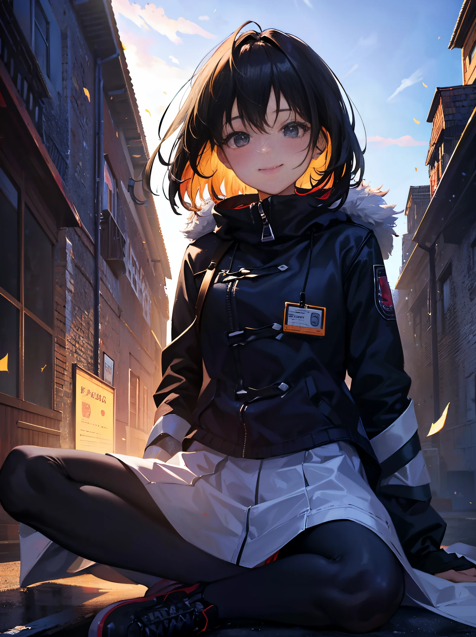girl with, (Wearing a down jacket,Fluffy),blows wind,Fluttering hair,gust of wind, Colorful, , masterpiece, Sit up, side from , Bruised figure,A smile, starrysky, stele