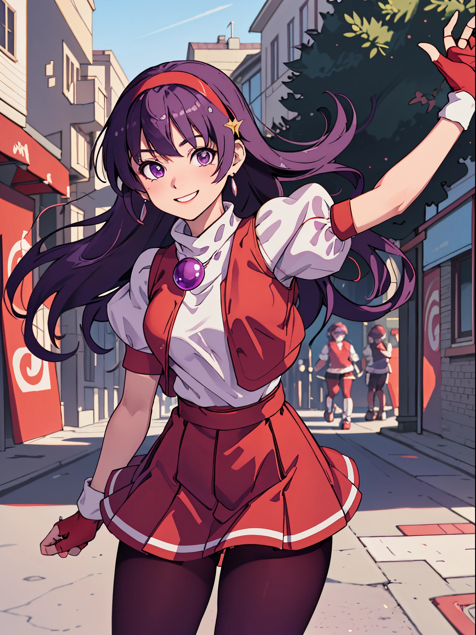 (masterpiece), (best quality), (ultra-detailed), intricate detail, athena97, 1girl, solo, purple eyes, purple hair, long hair, white earrings, red hairband, star hair ornament, medium breats, red vest, white turtleneck, white puffy sleeves, short sleeves, red pleated skirt, (deep red pantyhose:1.2), black pantyhose, yellow belt, purple sphere shape necklace, red fingerless gloves, white short socks, red shoes, (outdoors), photography, smile, blush, sunny, cowboy shot, blurry background, street background,