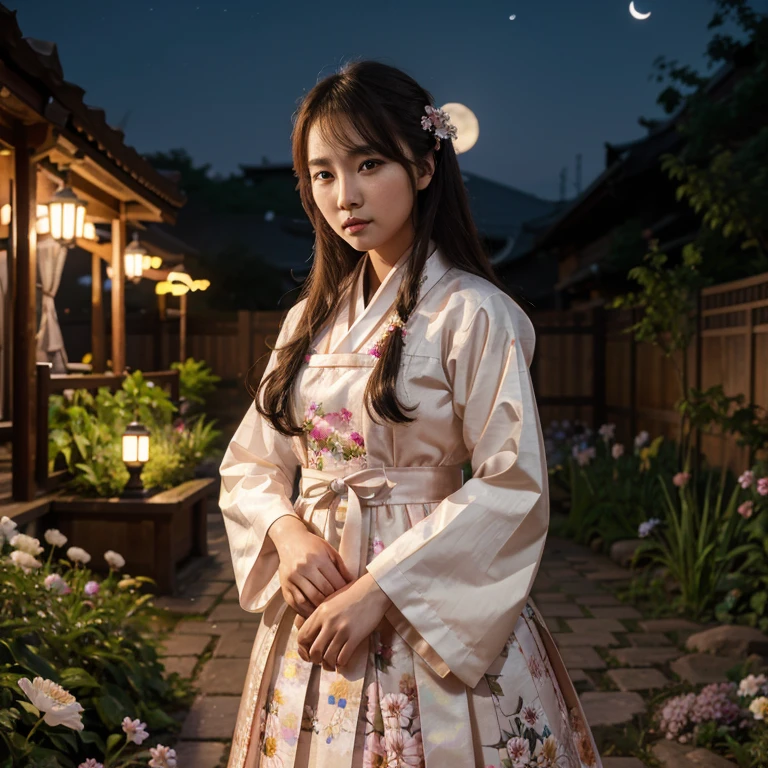 best quality, high_resolution, distinct_image, detailed background ,girl, hanbok,flower,garden,moon, night,
