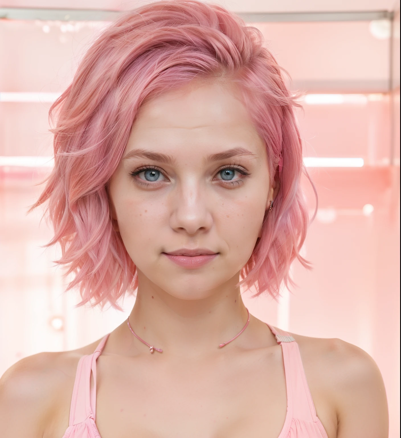 arafed woman with pink hair and blue eyes posing for a picture, cute girl with short pink hair, pink short hair, short pink hair, pink wispy hair, pink hair, pink girl, with pink hair, light pink hair, glowing pink face, pink face, flowing pink hair, some pink, color photograph portrait 4k, soft portrait shot 8 k, tan skin, buetifull,