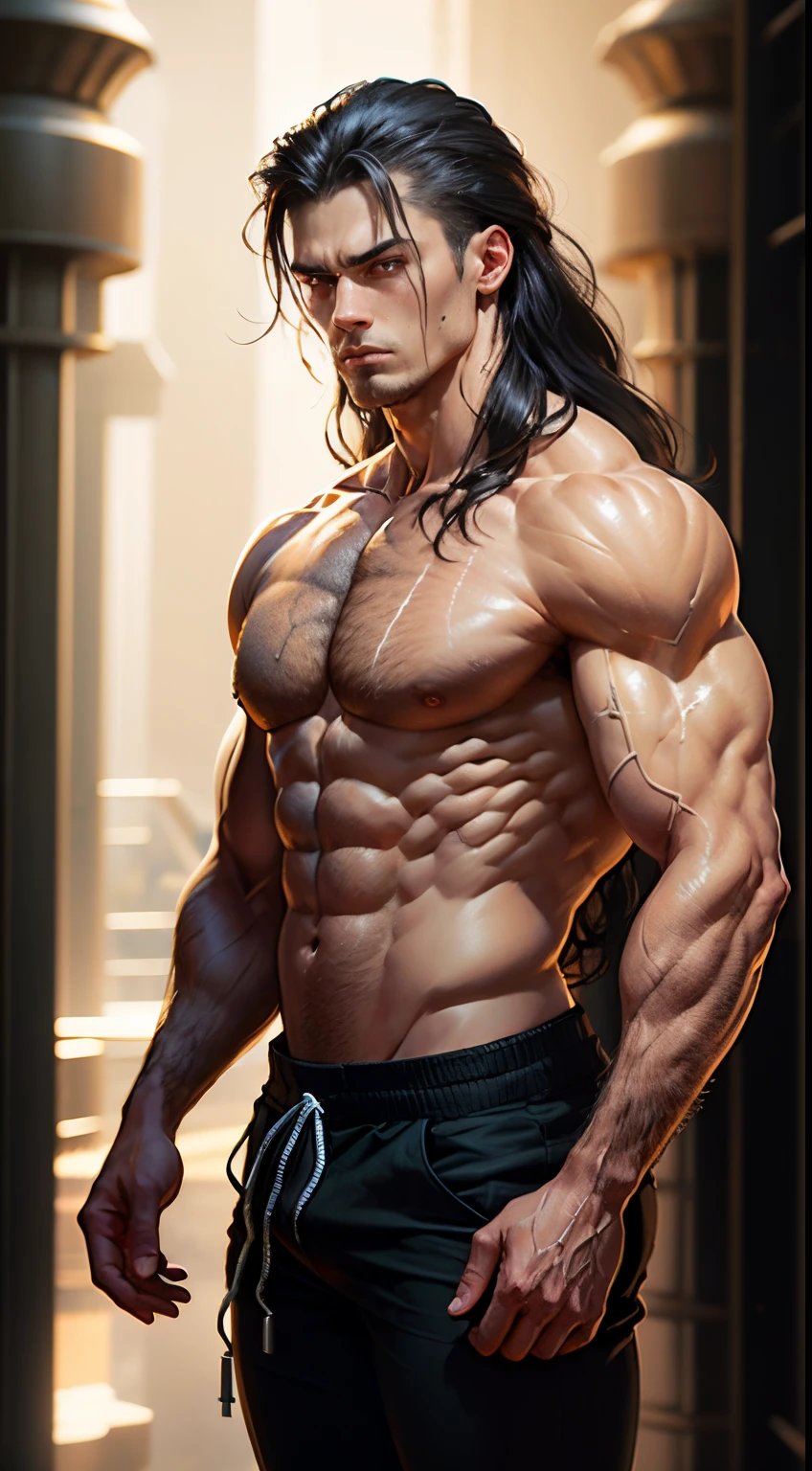Stout,muscular shirtless man with long black hair and bright yellow eyes,(best quality,4k,8k,highres,masterpiece:1.2),ultra-detailed,(realistic,photorealistic,photo-realistic:1.37),physically-based rendering,professionally made, vibrant colors, bokeh, [oil painting],portrait, intense light, [bodybuilder], [detailed face sculpt], [strong muscles], [tattooed arms], [rippling abs], [sweat glistening on skin], [intense gaze], [confident expression], [striking features], [toned physique], [dramatic shadows], [dusky background], [sculpted jawline], [masculine energy], [powerful stance], [rippling veins], [ripped physique], [strong jawline], [sharp cheekbones], [chiseled facial features], [athletic build], [imposing presence].