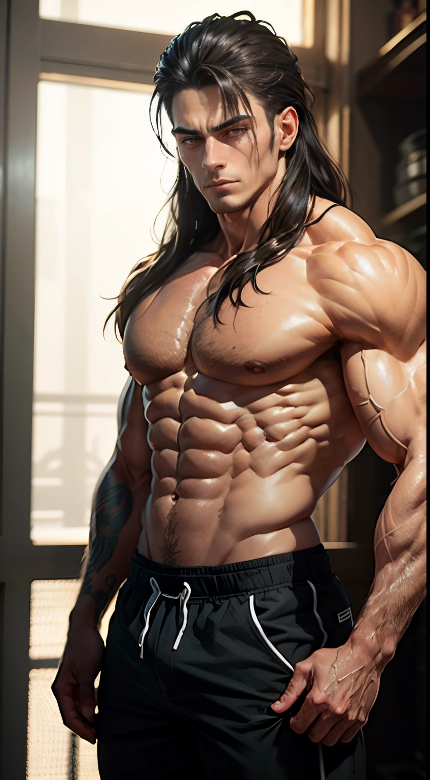Stout,muscular shirtless man with long black hair and bright yellow eyes,(best quality,4k,8k,highres,masterpiece:1.2),ultra-detailed,(realistic,photorealistic,photo-realistic:1.37),physically-based rendering,professionally made, vibrant colors, bokeh, [oil painting],portrait, intense light, [bodybuilder], [detailed face sculpt], [strong muscles], [tattooed arms], [rippling abs], [sweat glistening on skin], [intense gaze], [confident expression], [striking features], [toned physique], [dramatic shadows], [dusky background], [sculpted jawline], [masculine energy], [powerful stance], [rippling veins], [ripped physique], [strong jawline], [sharp cheekbones], [chiseled facial features], [athletic build], [imposing presence].