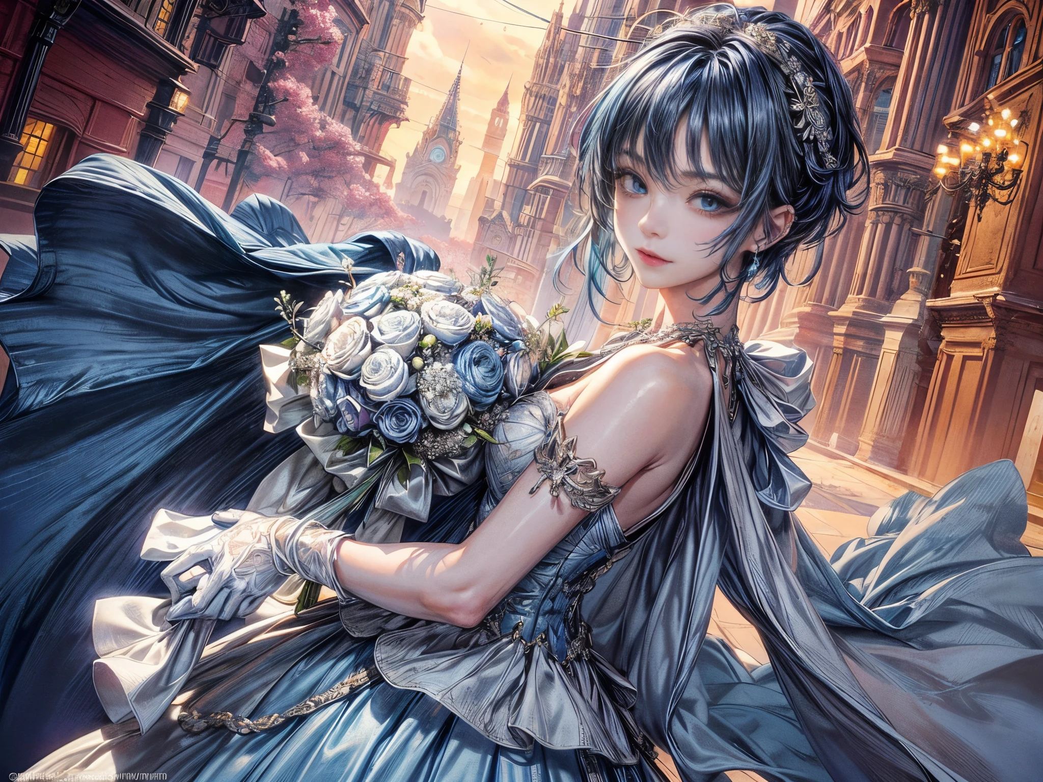 Cinematic lighting、16k picture quality、highlydetailed skin,(1girl in, Solo:1.2)、Best Quality,cyberpunked,(1beautiful woman、Detailed beautiful facial features hair、Blue hair、Medium Hair、short-hair、hairstyle for wedding、blue eyess:1.3)Rosary Necklace、BREAK、(holding a bouquet of beautiful flowers:1.5)Smile、weddingdress、white glove、early evening、City lights(Wedding venue with beautiful sea views、highly detailed structure)