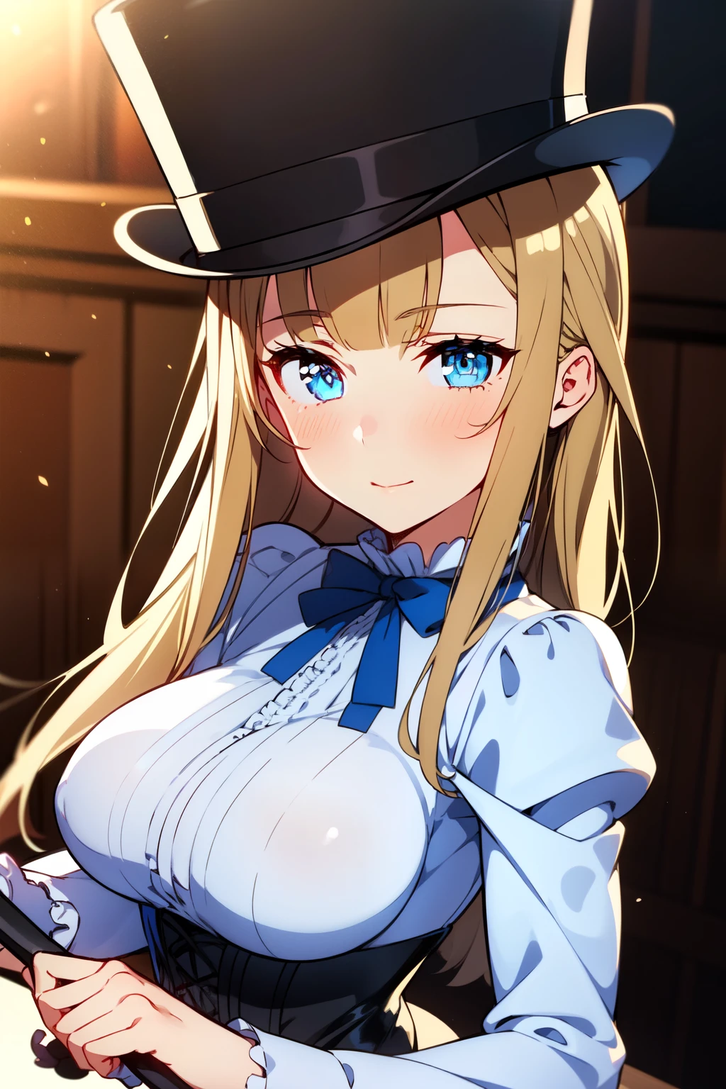 (1girl, solo), blonde hair, side ponytail, blue eyes, long hair, (medium breast:1.2), (hair ribbon, juliet sleeves, long sleeves, puffy sleeves, white dress:1.5, frills, top hat, black top hat, hat, hat flower,) looking at viewer, holding knife, indoors, (masterpiece:1.2), best quality, high resolution, unity 8k wallpaper, (illustration:1.2), anime style, (beautiful detailed eyes:1.6), extremely detailed face, perfect lighting, extremely detailed CG, (perfect hands, perfect anatomy),