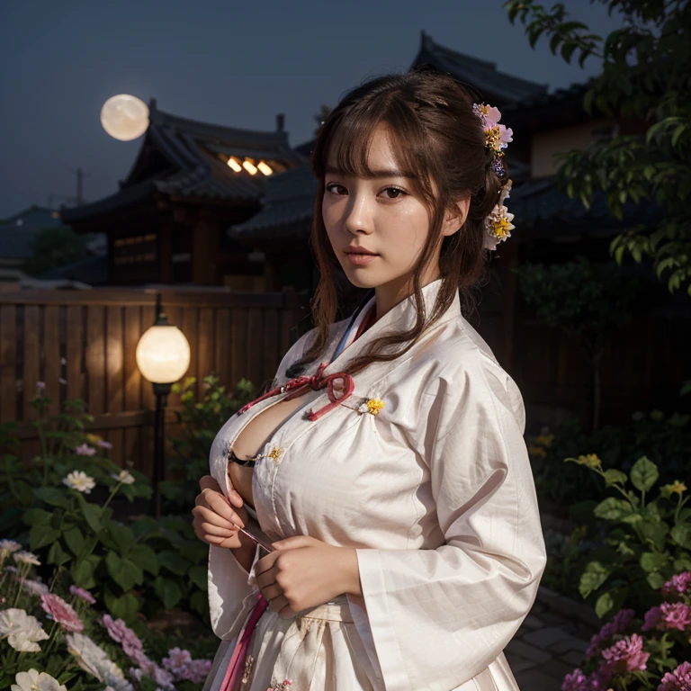 best quality, high_resolution, distinct_image, detailed background ,girl, hanbok,flower,garden,moon, night,enormous breasts