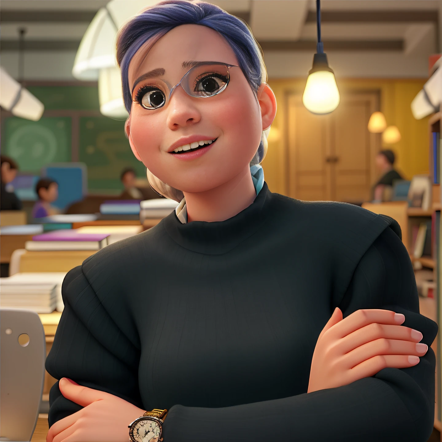 Una chica parada al frente., illuminated by the light of a lamp, Against the backdrop of a library, Pixar, Disney, con parecido a elsa de frozen