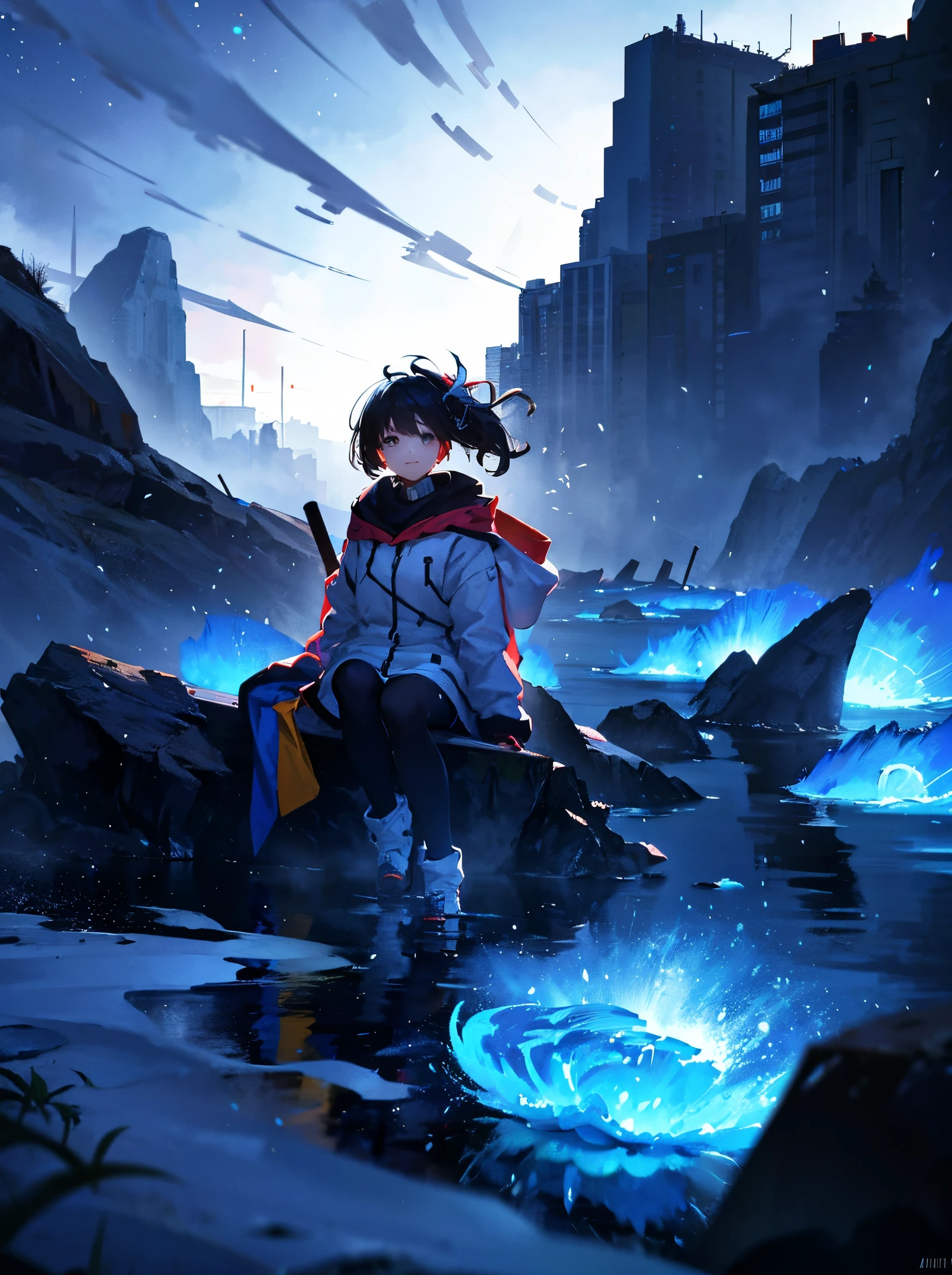 girl with, (Wearing a down jacket,Fluffy),blows wind,Fluttering hair,gust of wind, Colorful, , masterpiece, Sit up, side from , Bruised figure,A smile, starrysky, stele